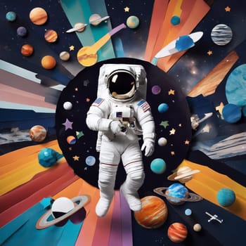 Surreal Astronaut in Space-Themed Collage with Colorful Planets and Stars