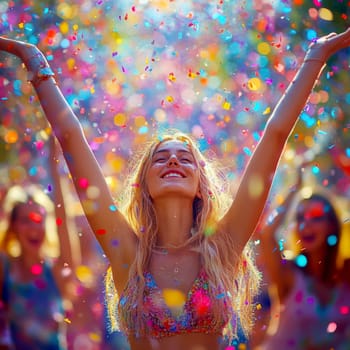 oung woman, celebrating with her arms raised high in the air, surrounded by colorful confetti.  AI generative.