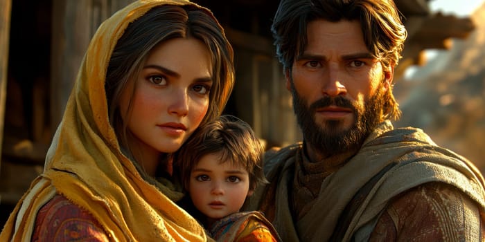 The painting depicts Mary, Joseph and the baby Jesus in a peaceful and holy scene, with Mary cradling Jesus in her arms and Joseph standing protectively by their side.AI generative.
