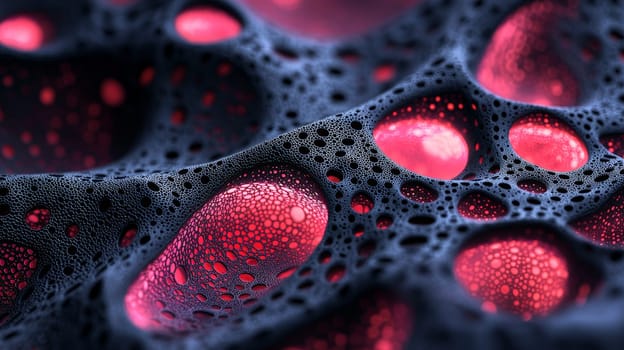 This mesmerizing high-resolution image showcases intricate black filigree fractal biogen nanostructures, highlighted by vibrant pink glowing holes. The exceptional detail and high contrast emphasize the delicate yet complex structure, blending organic and futuristic elements. The pink glow adds a touch of surreal beauty, drawing attention to the visual harmony of the design.