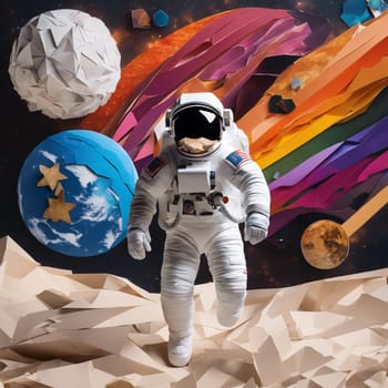 Surreal Astronaut in Space-Themed Collage with Colorful Planets and Stars