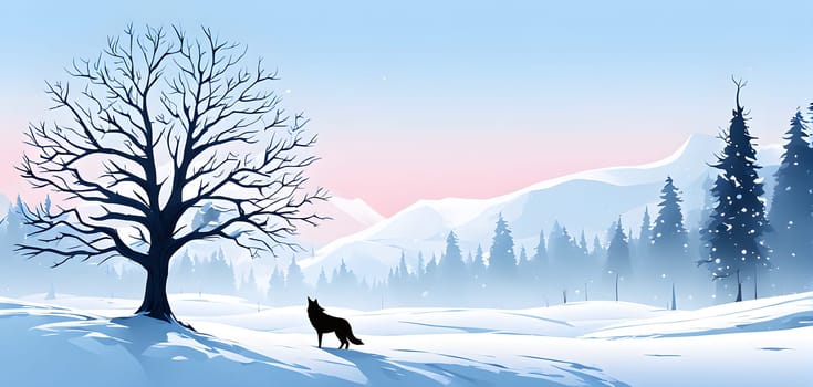 Abstract minimalist winter scene with a single, sharp silhouette of a deer and of a snow-covered tree on a vast, white canvas
