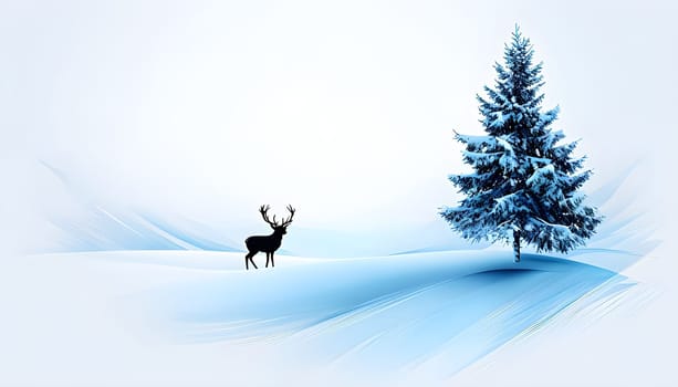 Abstract minimalist winter scene with a single, sharp silhouette of a deer and of a snow-covered tree on a vast, white canvas