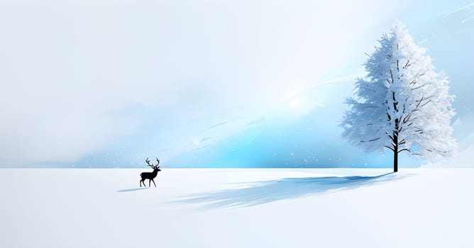Abstract minimalist winter scene with a single, sharp silhouette of a deer and of a snow-covered tree on a vast, white canvas