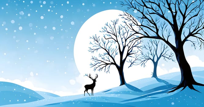 Abstract minimalist winter scene with a single, sharp silhouette of a deer and of a snow-covered tree on a vast, white canvas