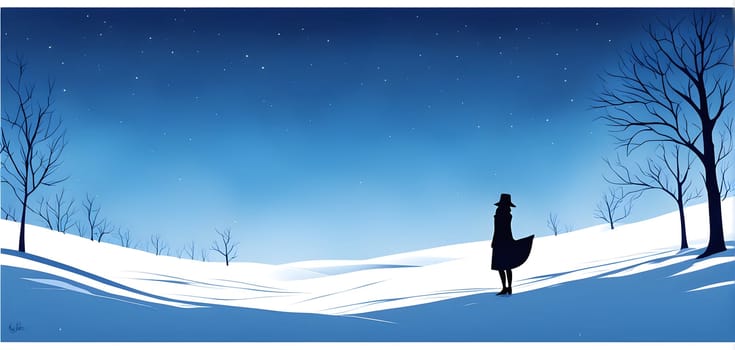 Abstract minimalist winter scene with a single, sharp silhouette of a deer and of a snow-covered tree on a vast, white canvas