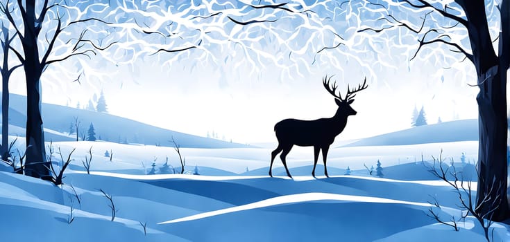 Abstract minimalist winter scene with a single, sharp silhouette of a deer and of a snow-covered tree on a vast, white canvas