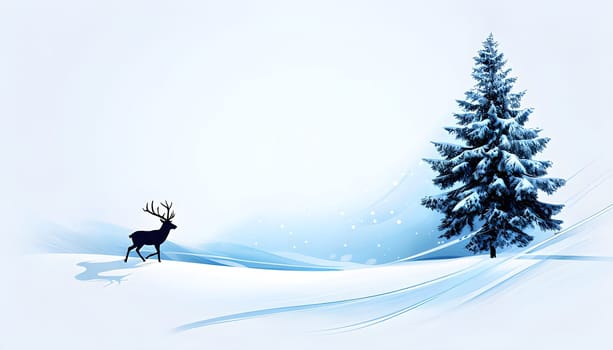 Abstract minimalist winter scene with a single, sharp silhouette of a deer and of a snow-covered tree on a vast, white canvas