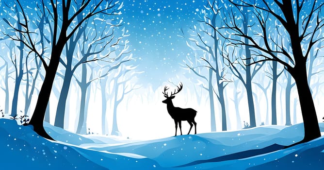 Abstract minimalist winter scene with a single, sharp silhouette of a deer and of a snow-covered tree on a vast, white canvas