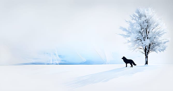 Abstract minimalist winter scene with a single, sharp silhouette of a deer and of a snow-covered tree on a vast, white canvas