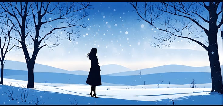 Abstract minimalist winter scene with a single, sharp silhouette of a deer and of a snow-covered tree on a vast, white canvas