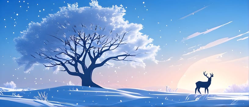 Abstract minimalist winter scene with a single, sharp silhouette of a deer and of a snow-covered tree on a vast, white canvas