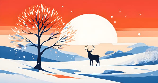 Abstract minimalist winter scene with a single, sharp silhouette of a deer and of a snow-covered tree on a vast, white canvas