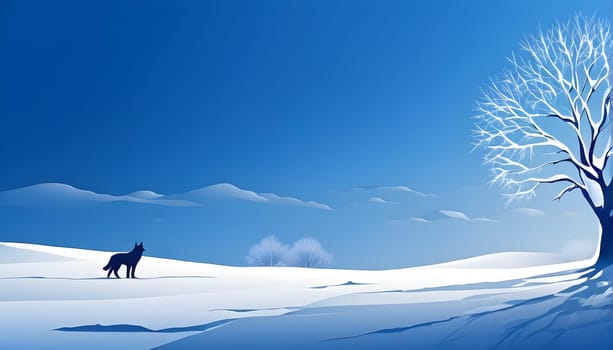 Abstract minimalist winter scene with a single, sharp silhouette of a deer and of a snow-covered tree on a vast, white canvas