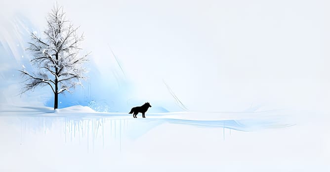 Abstract minimalist winter scene with a single, sharp silhouette of a deer and of a snow-covered tree on a vast, white canvas
