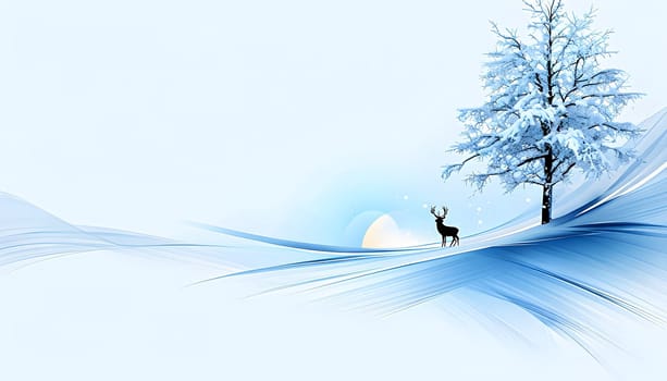 Abstract minimalist winter scene with a single, sharp silhouette of a deer and of a snow-covered tree on a vast, white canvas