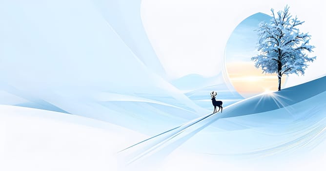 Abstract minimalist winter scene with a single, sharp silhouette of a deer and of a snow-covered tree on a vast, white canvas