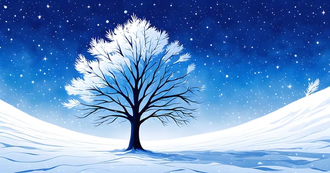 Abstract minimalist winter scene with a single, sharp silhouette of a deer and of a snow-covered tree on a vast, white canvas