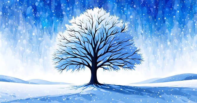 Abstract minimalist winter scene with a single, sharp silhouette of a deer and of a snow-covered tree on a vast, white canvas