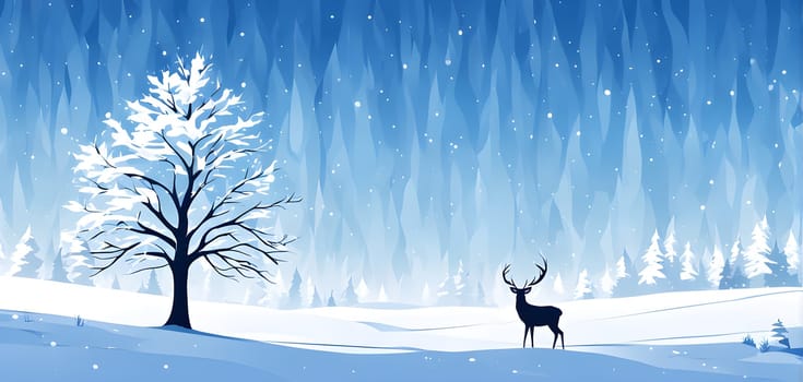 Abstract minimalist winter scene with a single, sharp silhouette of a deer and of a snow-covered tree on a vast, white canvas