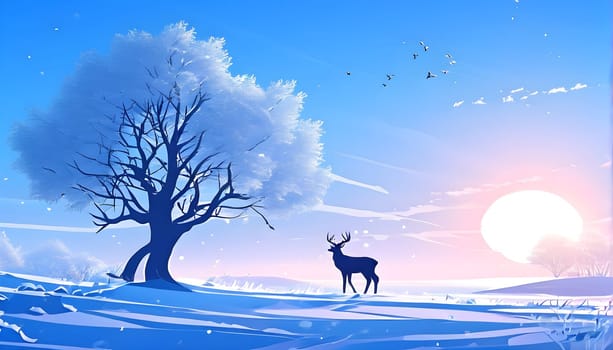 Abstract minimalist winter scene with a single, sharp silhouette of a deer and of a snow-covered tree on a vast, white canvas