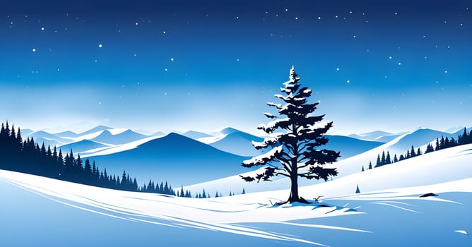 Abstract minimalist winter scene with a single, sharp silhouette of a deer and of a snow-covered tree on a vast, white canvas