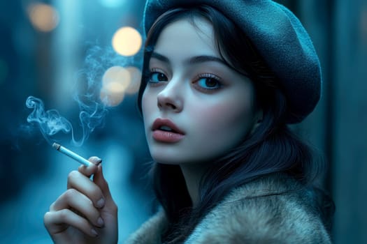 Woman dressed in 80s style smoking a cigarette on the street. AI generative.