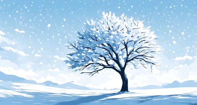 Abstract minimalist winter scene with a single, sharp silhouette of a deer and of a snow-covered tree on a vast, white canvas