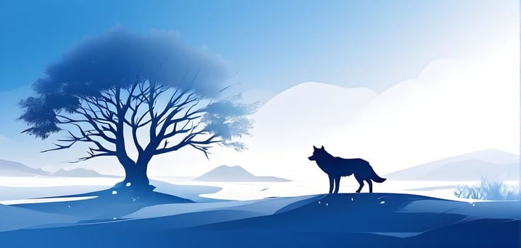 Abstract minimalist winter scene with a single, sharp silhouette of a deer and of a snow-covered tree on a vast, white canvas
