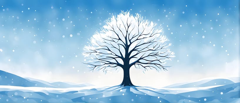 Abstract minimalist winter scene with a single, sharp silhouette of a deer and of a snow-covered tree on a vast, white canvas