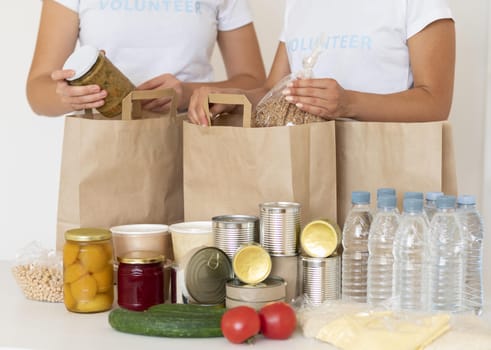 volunteers with bags food water donation. Resolution and high quality beautiful photo