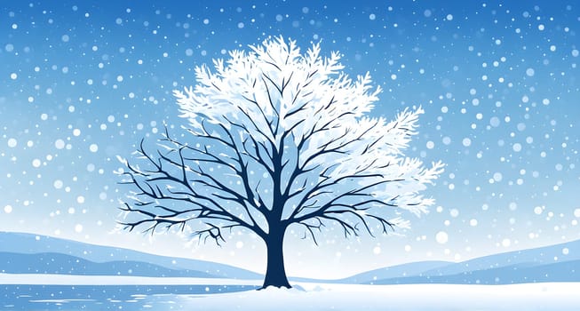 Abstract minimalist winter scene with a single, sharp silhouette of a deer and of a snow-covered tree on a vast, white canvas