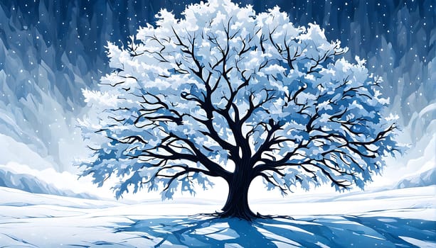 Abstract minimalist winter scene with a single, sharp silhouette of a deer and of a snow-covered tree on a vast, white canvas