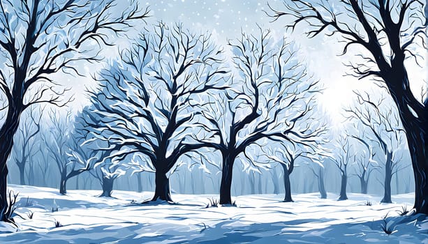 Abstract minimalist winter scene with a single, sharp silhouette of a deer and of a snow-covered tree on a vast, white canvas
