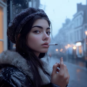 Woman dressed in 80s style smoking a cigarette on the street. AI generative.