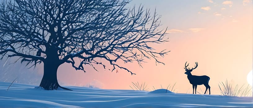 Abstract minimalist winter scene with a single, sharp silhouette of a deer and of a snow-covered tree on a vast, white canvas