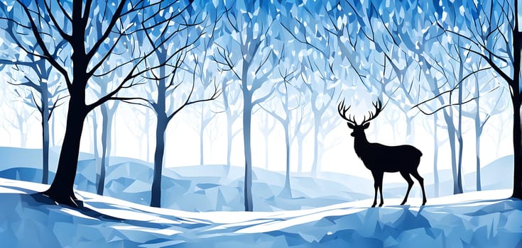 Abstract minimalist winter scene with a single, sharp silhouette of a deer and of a snow-covered tree on a vast, white canvas