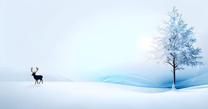 Abstract minimalist winter scene with a single, sharp silhouette of a deer and of a snow-covered tree on a vast, white canvas