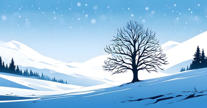Abstract minimalist winter scene with a single, sharp silhouette of a deer and of a snow-covered tree on a vast, white canvas