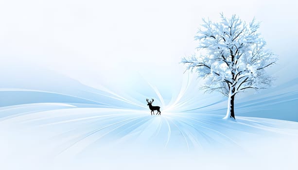 Abstract minimalist winter scene with a single, sharp silhouette of a deer and of a snow-covered tree on a vast, white canvas