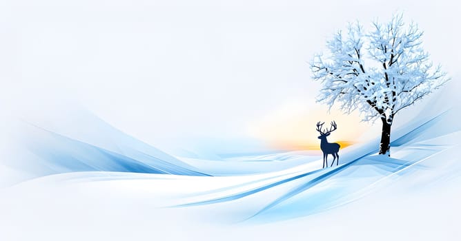 Abstract minimalist winter scene with a single, sharp silhouette of a deer and of a snow-covered tree on a vast, white canvas