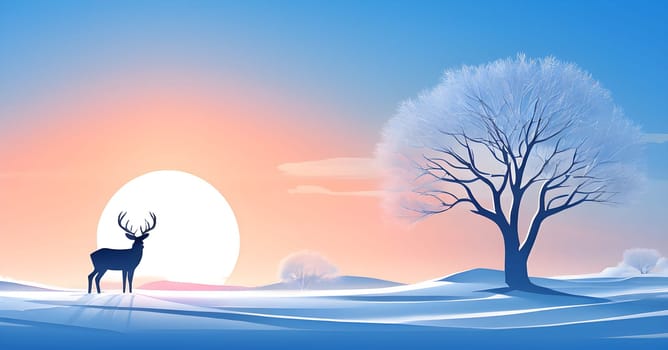 Abstract minimalist winter scene with a single, sharp silhouette of a deer and of a snow-covered tree on a vast, white canvas