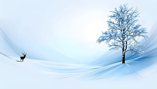 Abstract minimalist winter scene with a single, sharp silhouette of a deer and of a snow-covered tree on a vast, white canvas