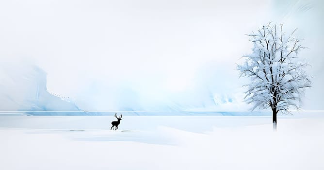 Abstract minimalist winter scene with a single, sharp silhouette of a deer and of a snow-covered tree on a vast, white canvas