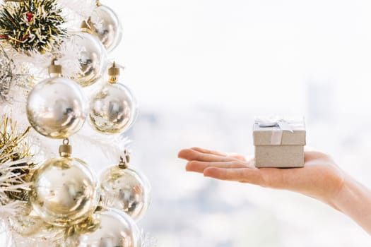 woman holding small gift box hand. Resolution and high quality beautiful photo