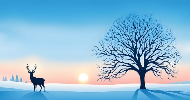 Abstract minimalist winter scene with a single, sharp silhouette of a deer and of a snow-covered tree on a vast, white canvas