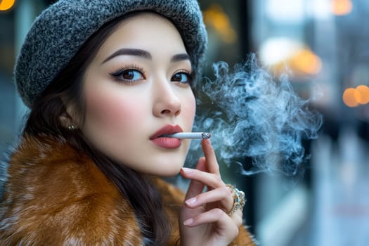 Woman dressed in 80s style smoking a cigarette on the street. AI generative.