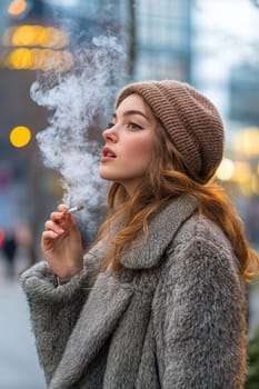 Woman dressed in 80s style smoking a cigarette on the street. AI generative.