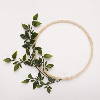 wooden circle frame with green artificial leaves white backdrop. Resolution and high quality beautiful photo