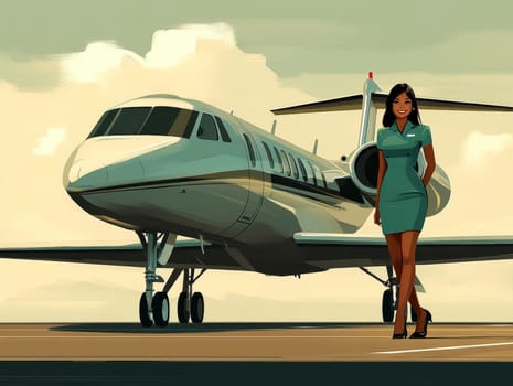 a young, beautiful flight attendant in a sweet, classic blue uniform with a slightly short dress, smiling next to the aircraft. AI generative.